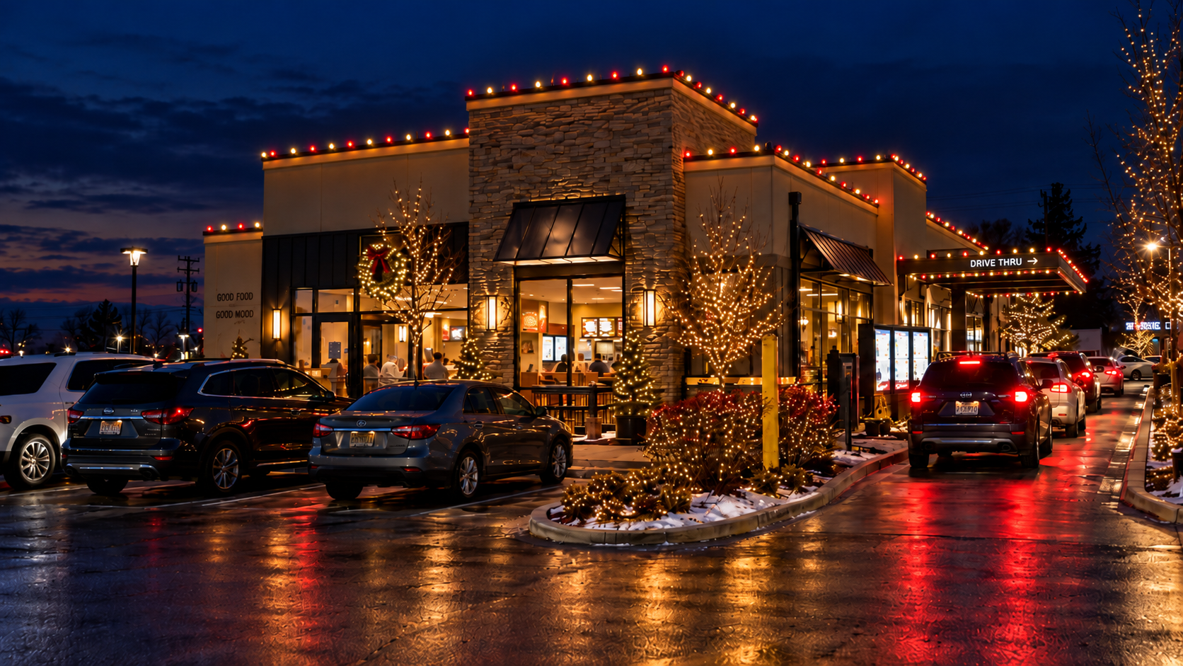 Illustrative restaurant holiday design with red and warm-white roofline lights, illuminated trees, and a busy drive-through