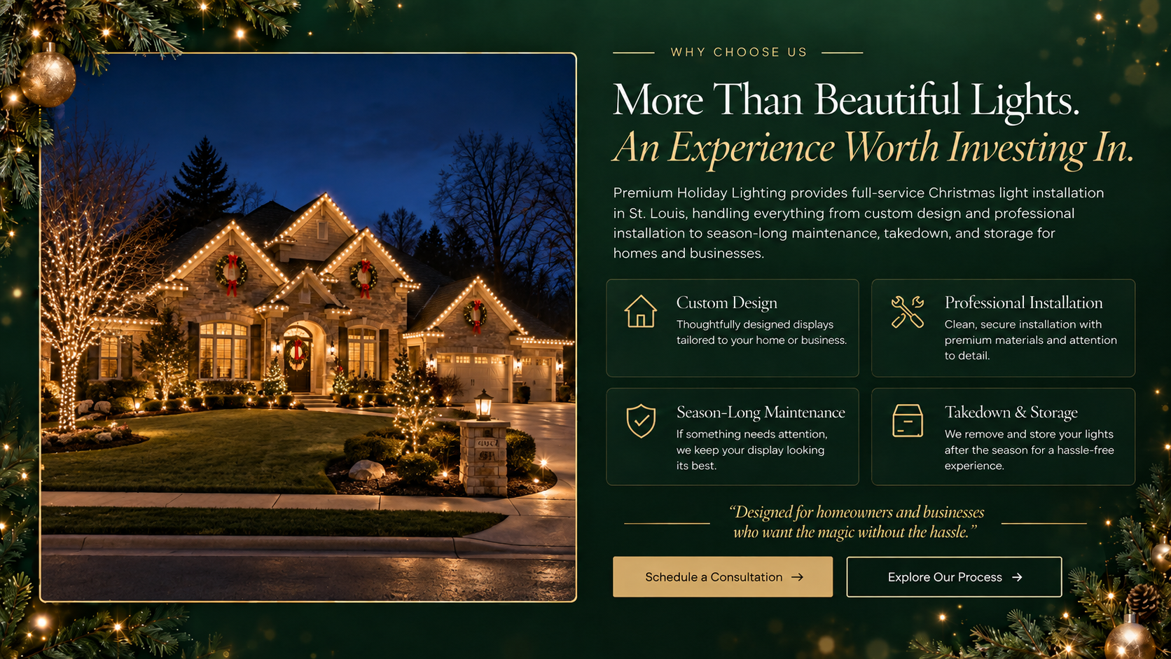 Illustrative holiday lighting concept: a stone home with glowing rooflines, wreaths, and warmly illuminated trees at dusk